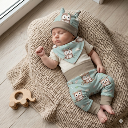 Pumphose Baby Eule mint handgenäht | French Terry Set personalisiert
