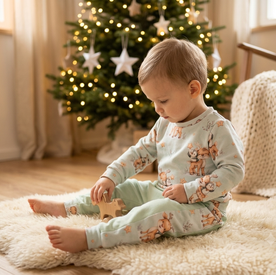 Rentier & Pinguin | Winterstoff Meterware | Kinderstoff Weihnachten