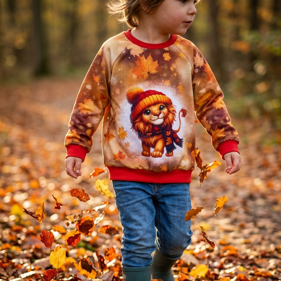 Kinderpullover „Löwe" braun – handgenäht aus Baumwolle, Gr. 116