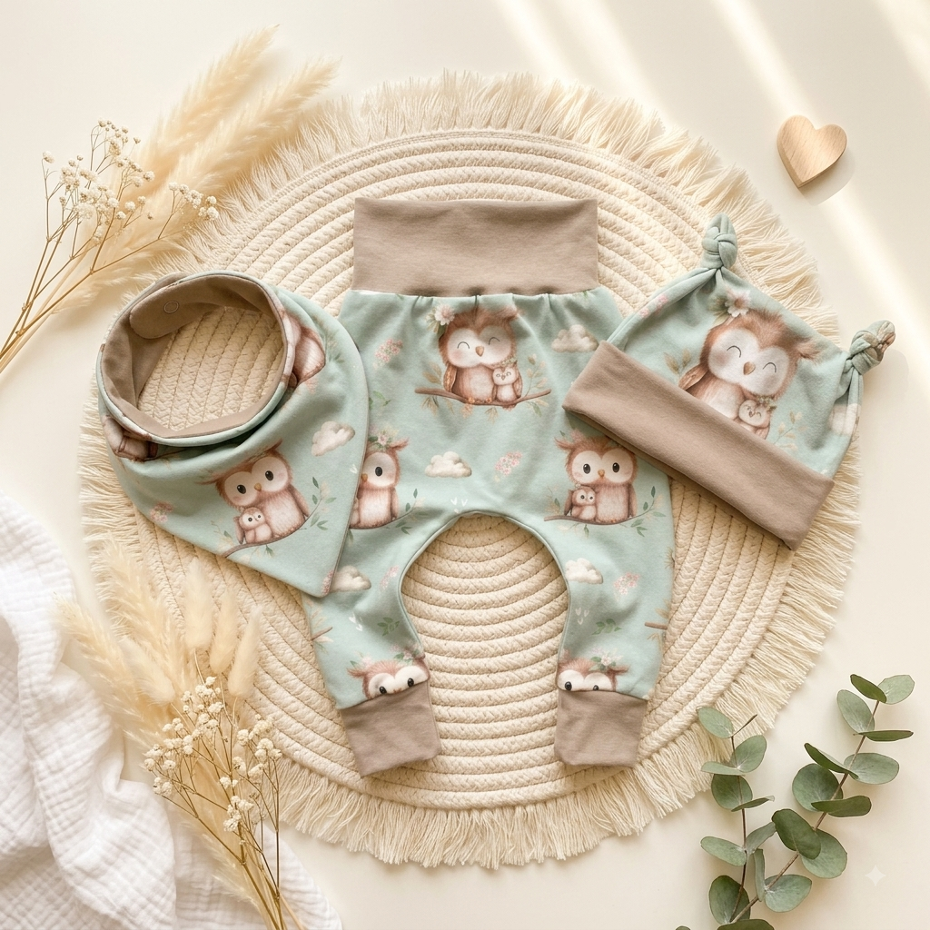 Pumphose Baby Eule mint handgenäht | French Terry Set personalisiert