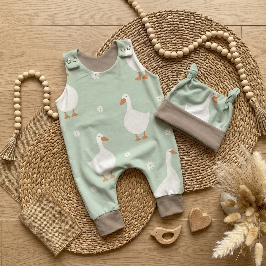 Baby Strampler Frühlingsgänse Set | handgenäht | Gr. 56–80