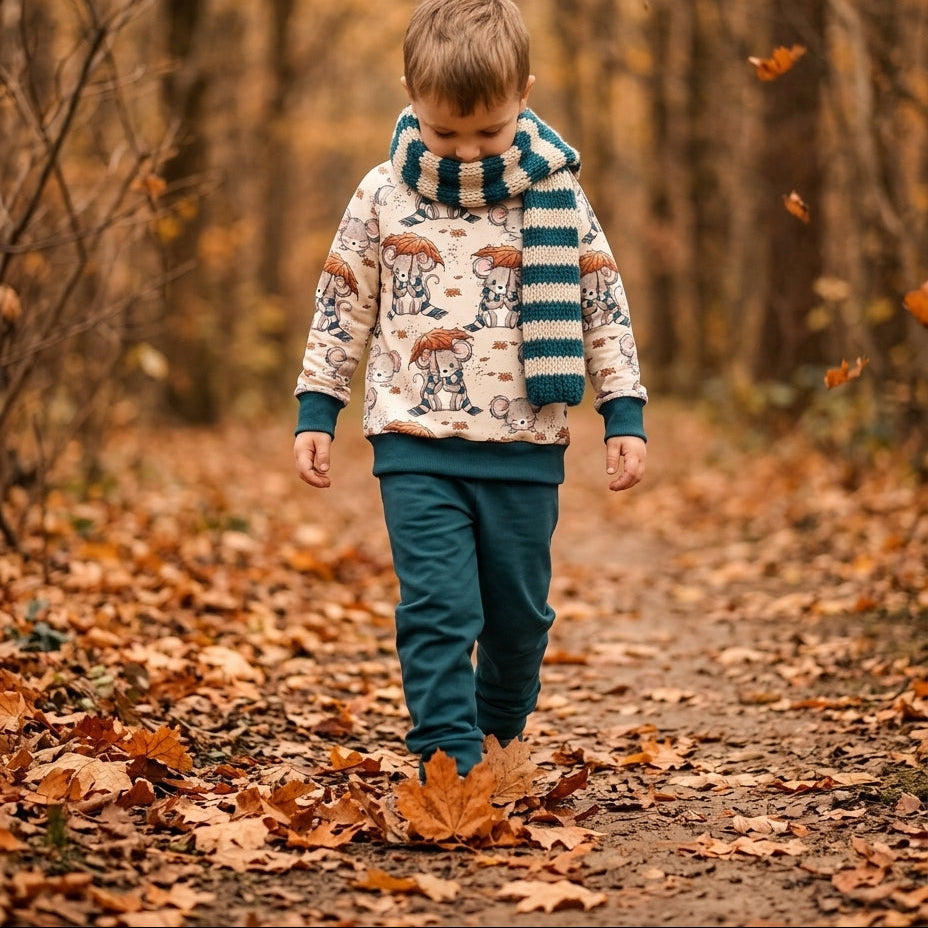 MausHerbst weiß Katzengold Design | Mäuse Stoff Meterware | Kinderstoff
