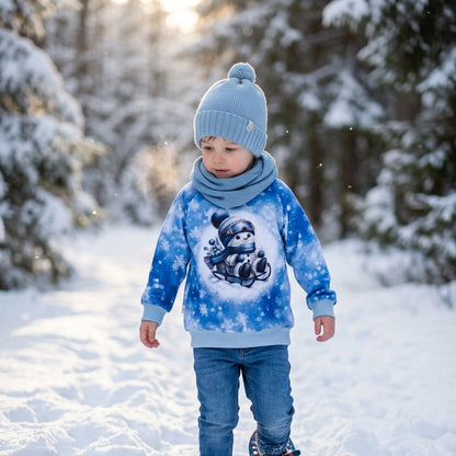 Kinderpullover „Schneemann" blau – handgenäht aus Baumwolle, Gr. 116