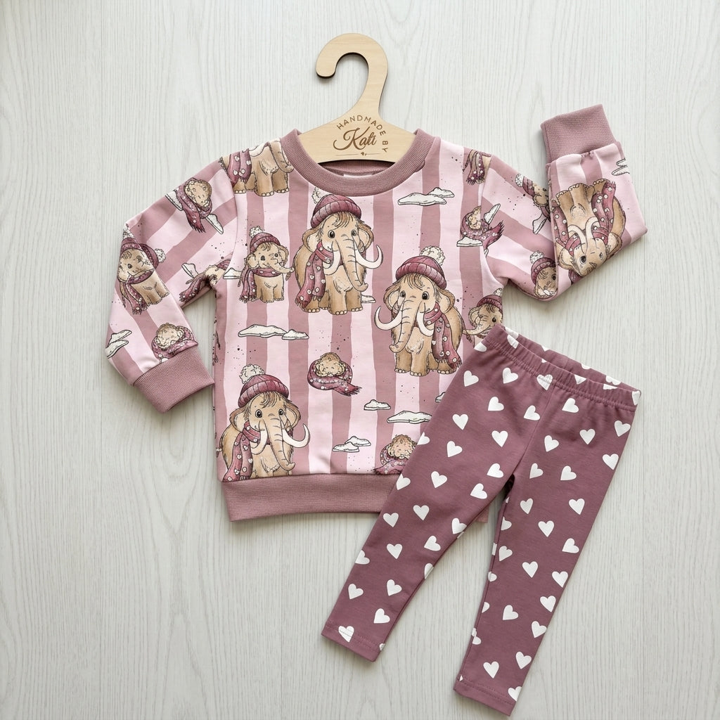 Kinder Set „MammutBande" rosa – Pullover & Leggings, handgenäht