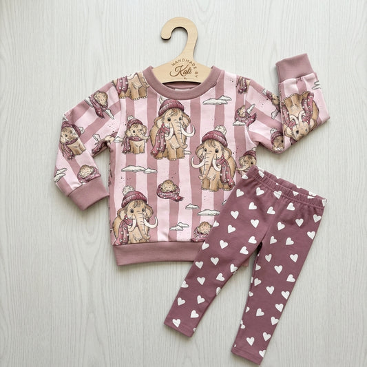 Kinder Set „MammutBande" rosa – Pullover & Leggings, handgenäht