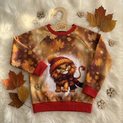 Kinderpullover „Löwe" braun – handgenäht aus Baumwolle, Gr. 116