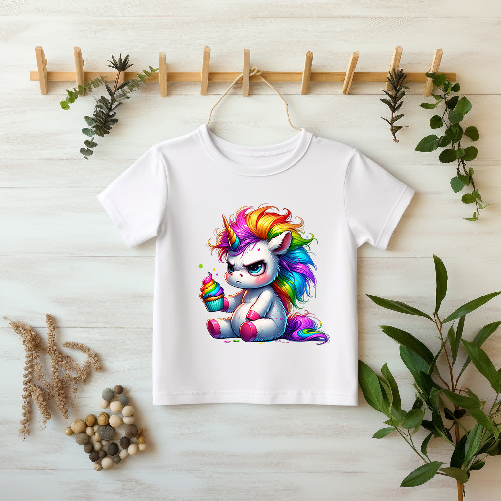 Cupcake Grumpycorn DTF Transfer Detailaufnahme – Glitzer Einhorn Bügelbild