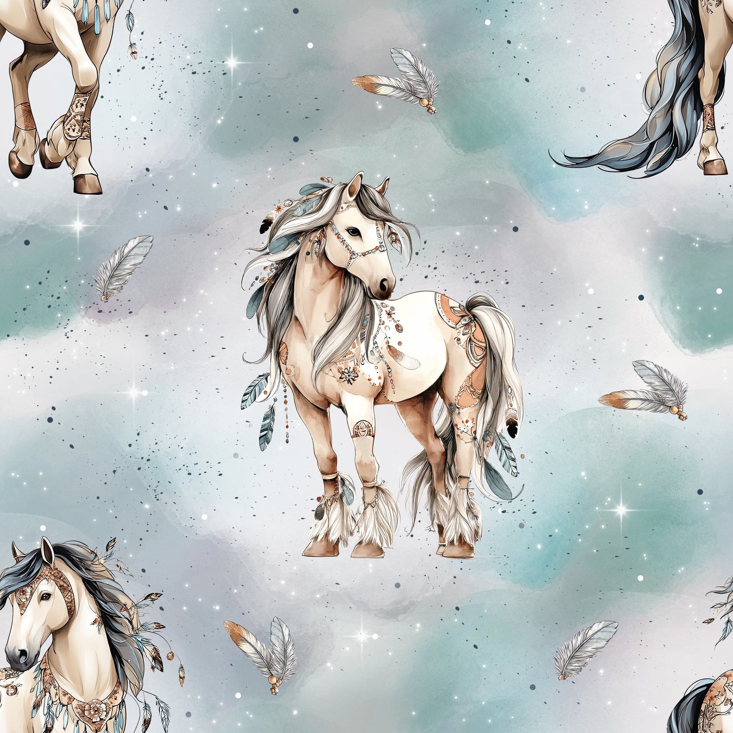 Jersey Stoff Meterware mit Boho-Pferden, Federn und Aquarell-Hintergrund in Eisblau – Kinderstoff Stoffzauber by Kati