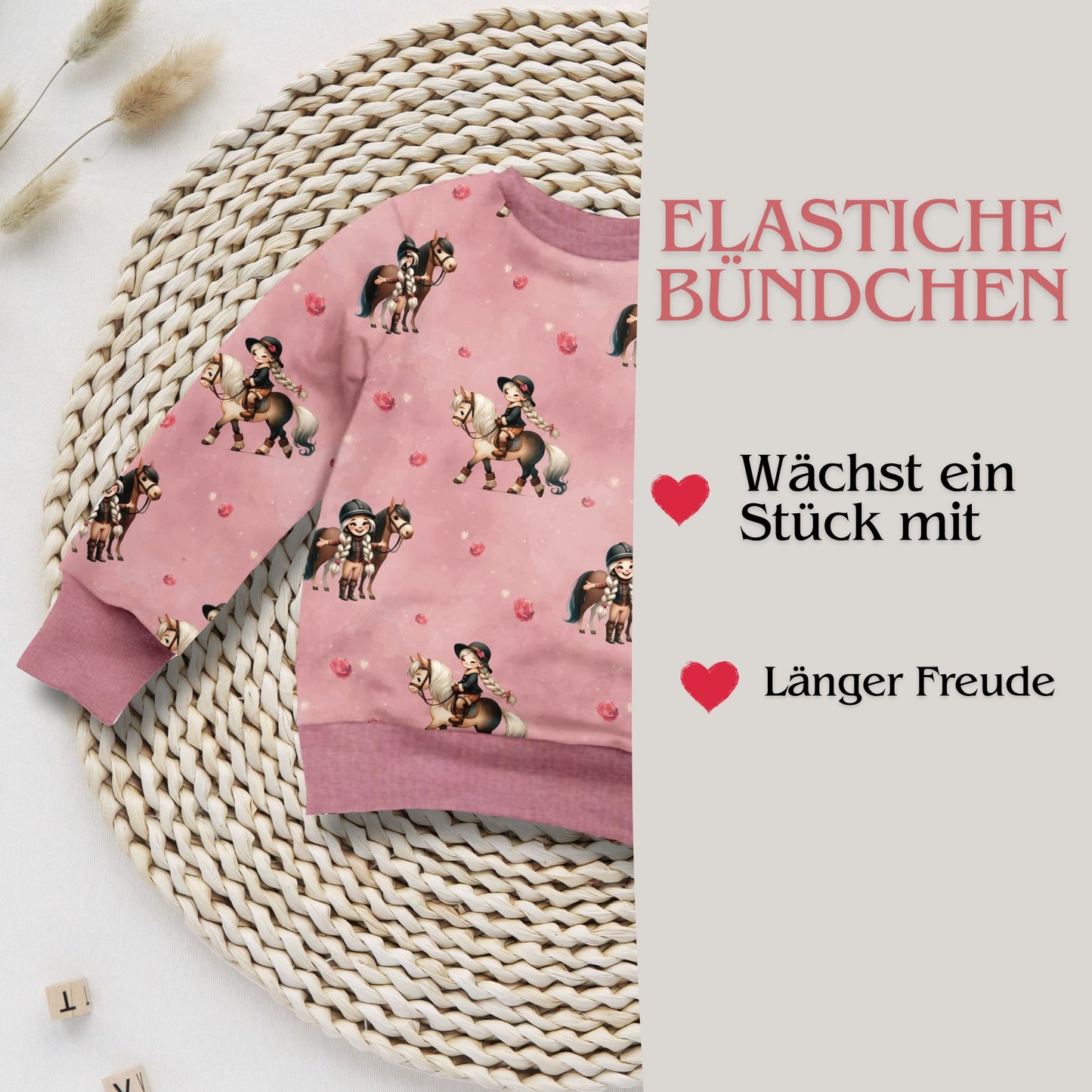 Sweatshirt Mädchen Pferd altrosa Detailaufnahme – French Terry handgemacht