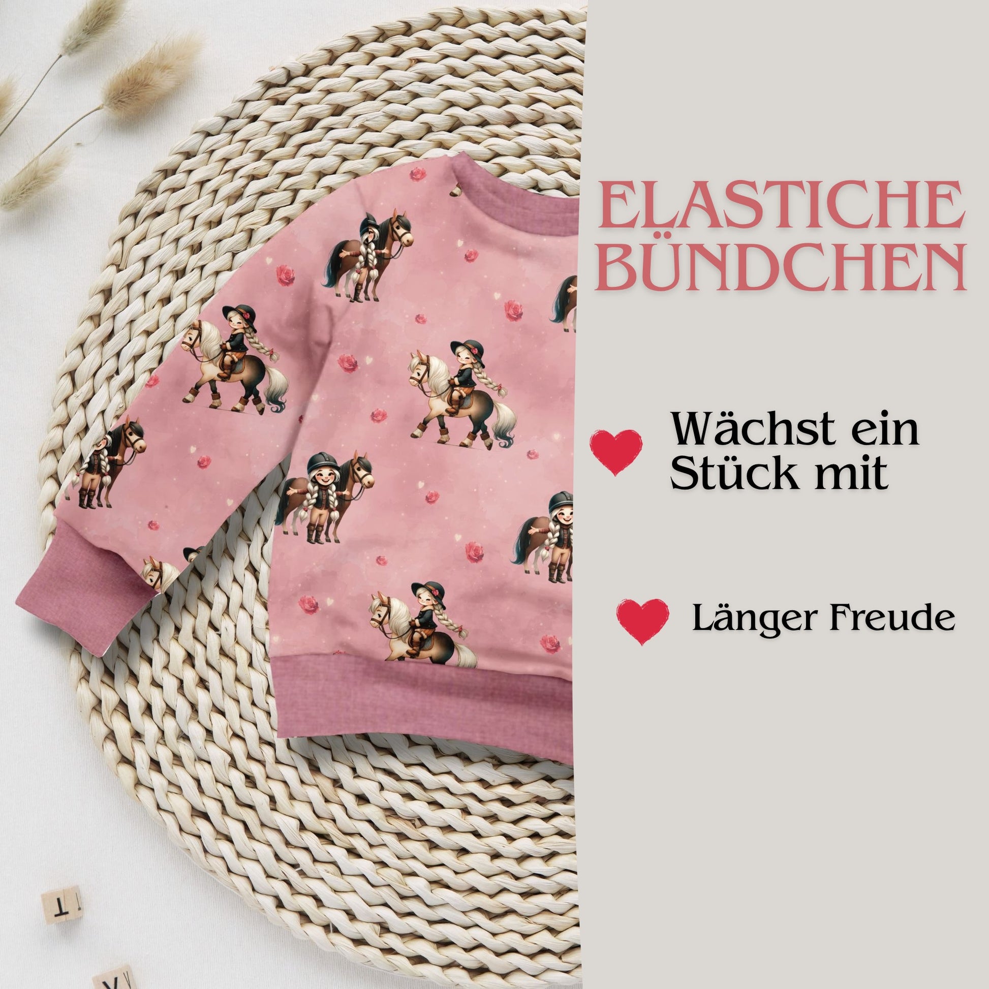 Sweatshirt Mädchen Pferd altrosa Detailaufnahme – French Terry handgemacht