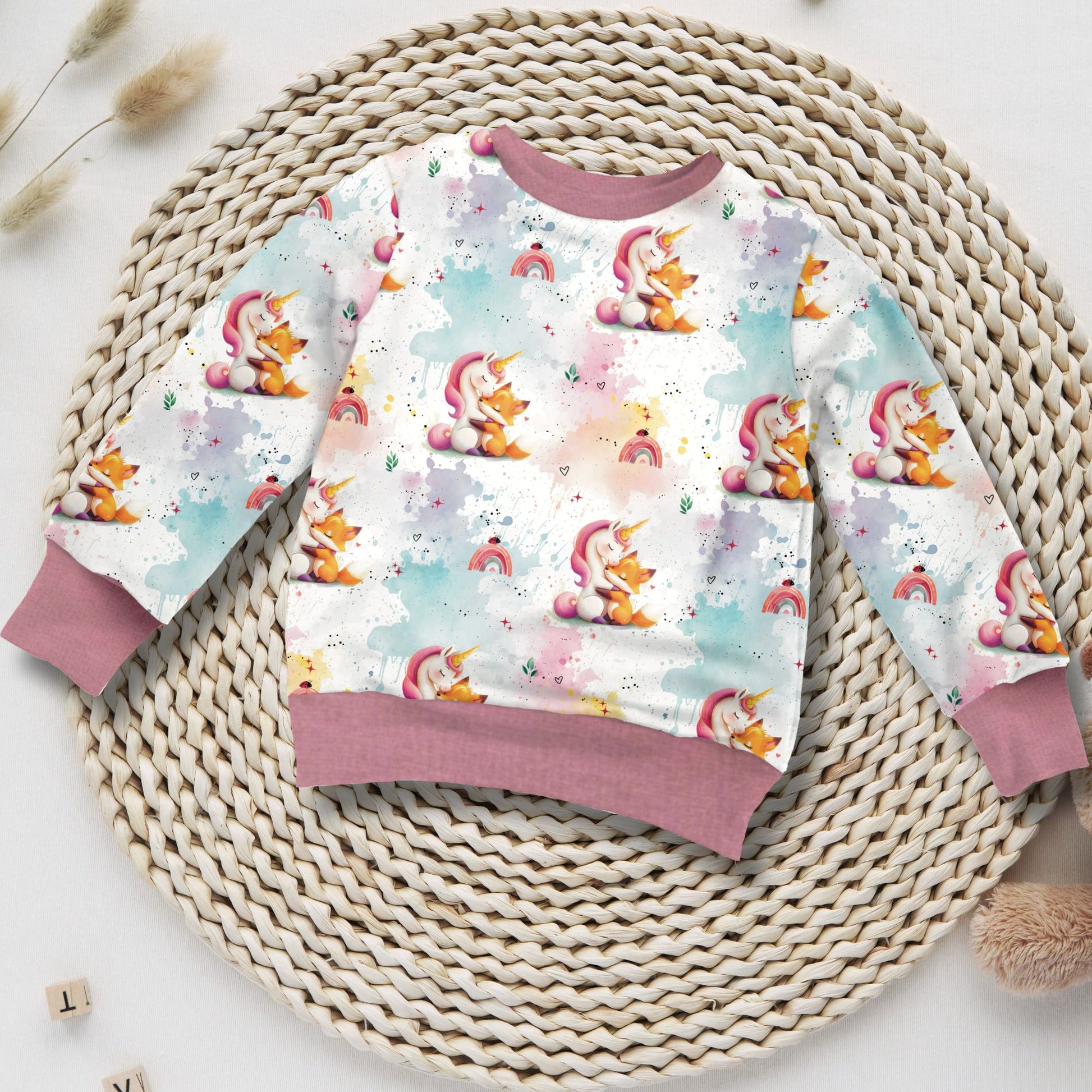 Kinder Sweatshirt Einhorn und Fuchs handgemacht French Terry – Handmade by Kati