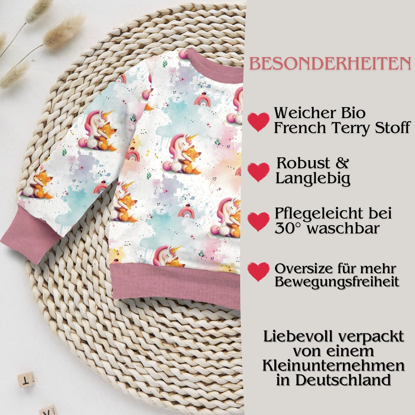 Einhorn Fuchs Kinderpullover Vorderansicht – Sweatshirt French Terry handgemacht