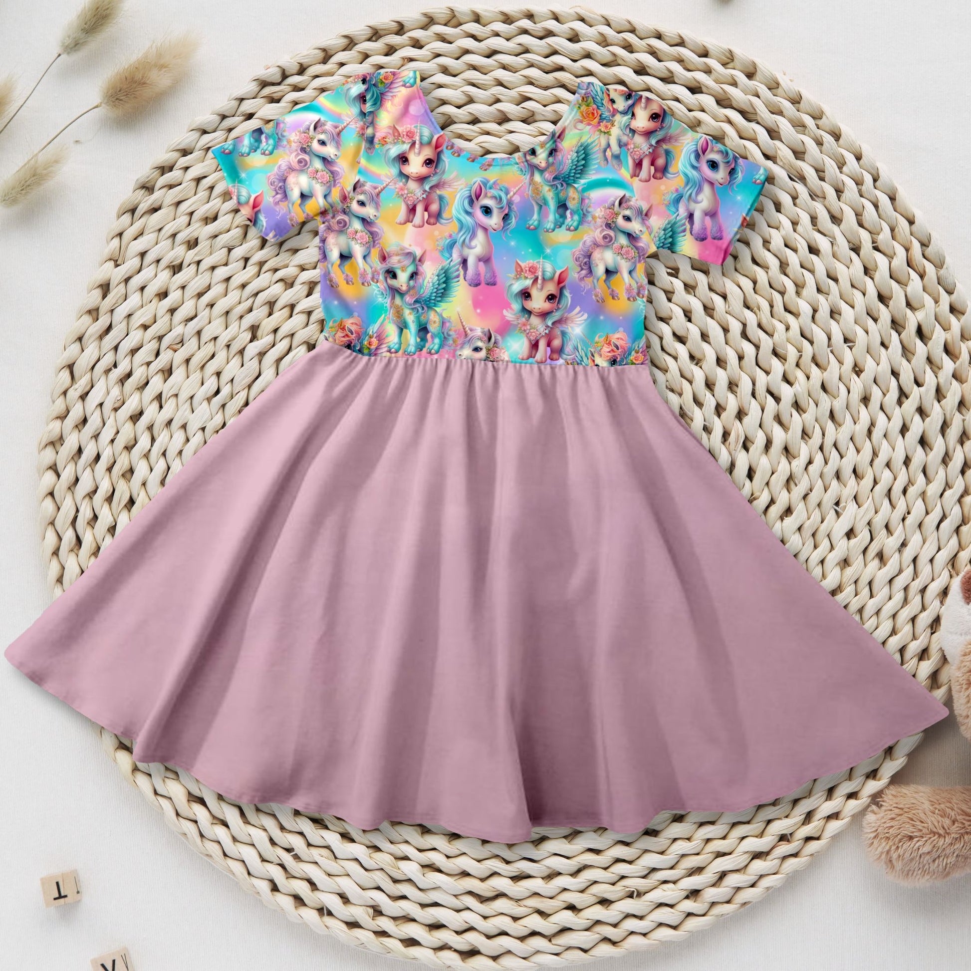 Mädchen Drehkleid Pegasus rosa Rock French Terry – Handmade by Kati