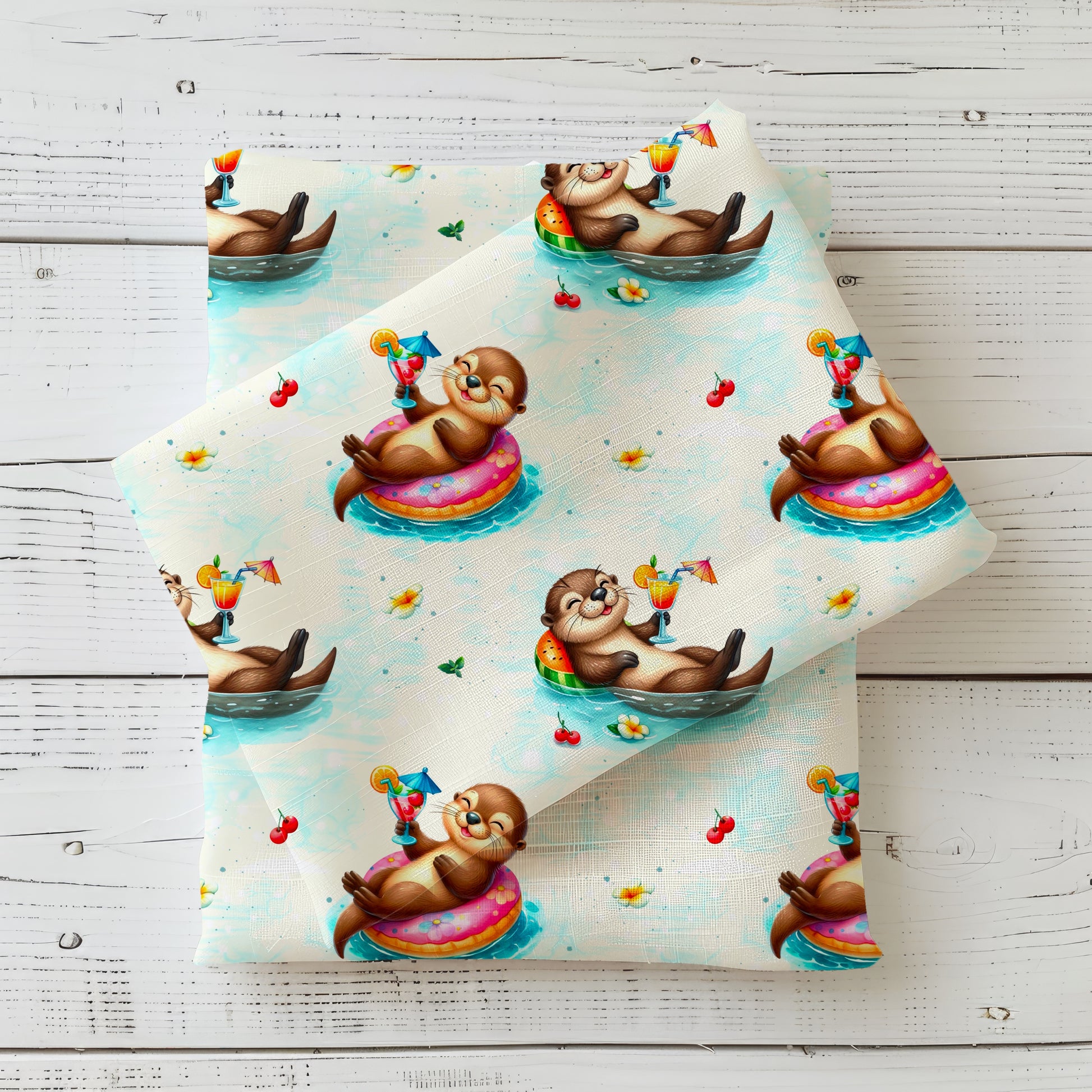 Sommer Otter Kinderstoff French Terry Meterware – Poolparty Tiermotiv Nähprojekt