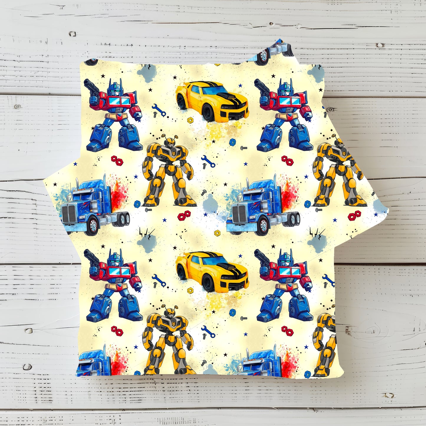 RobotCars gelb Stoff Detailaufnahme – Kinderstoff Roboter Auto Jersey