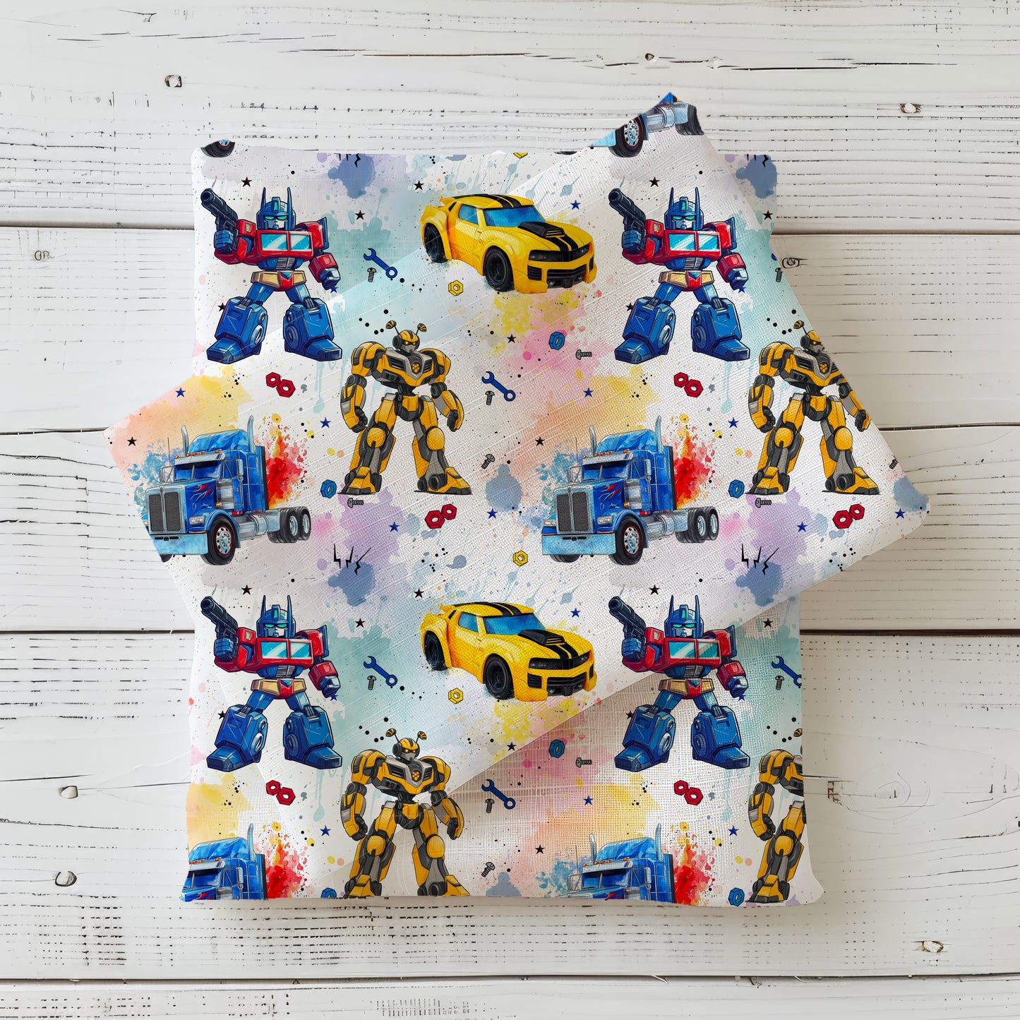 RobotCars Regenbogen Stoff Detailaufnahme – Kinderstoff Roboter Auto Jersey
