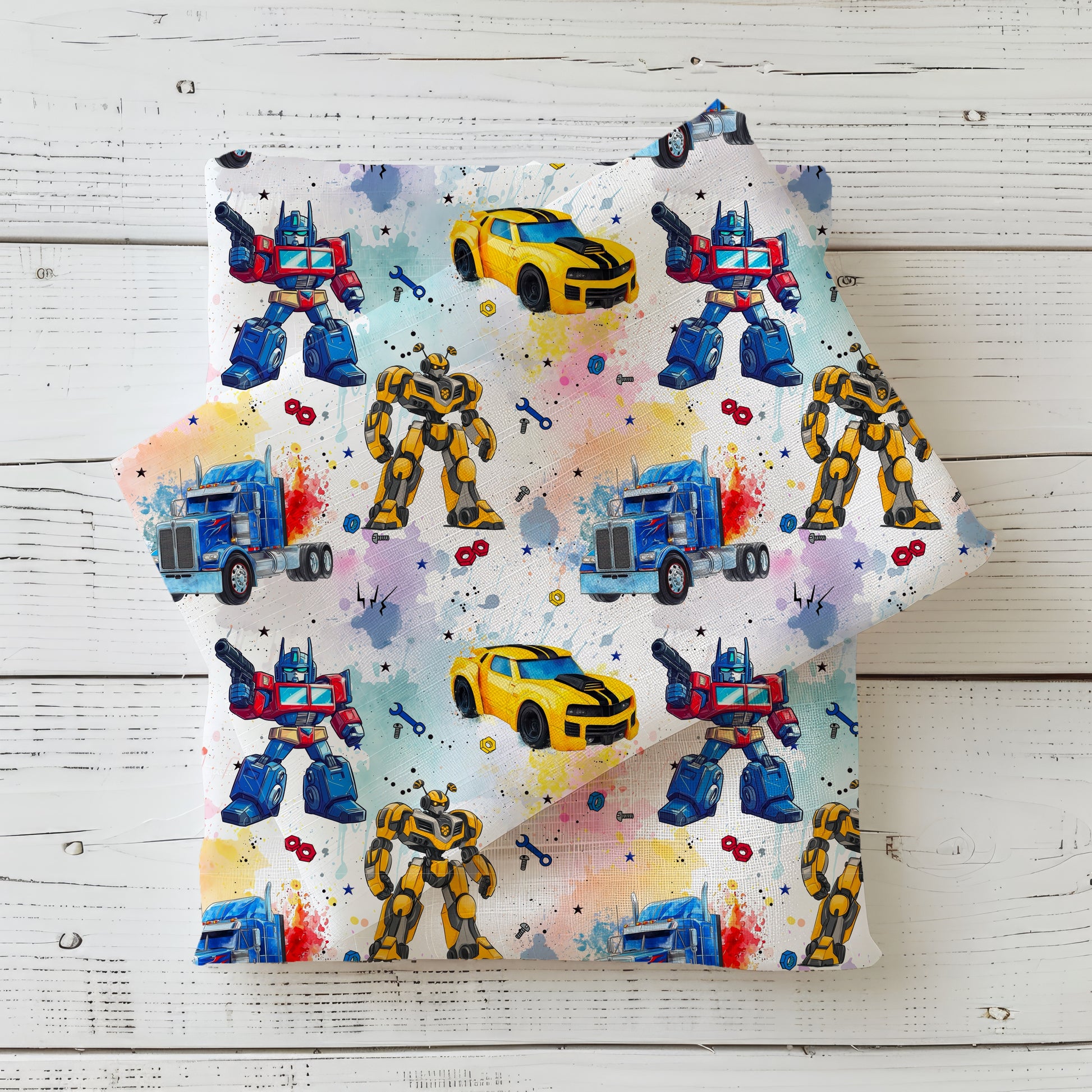 RobotCars Regenbogen Stoff Detailaufnahme – Kinderstoff Roboter Auto Jersey
