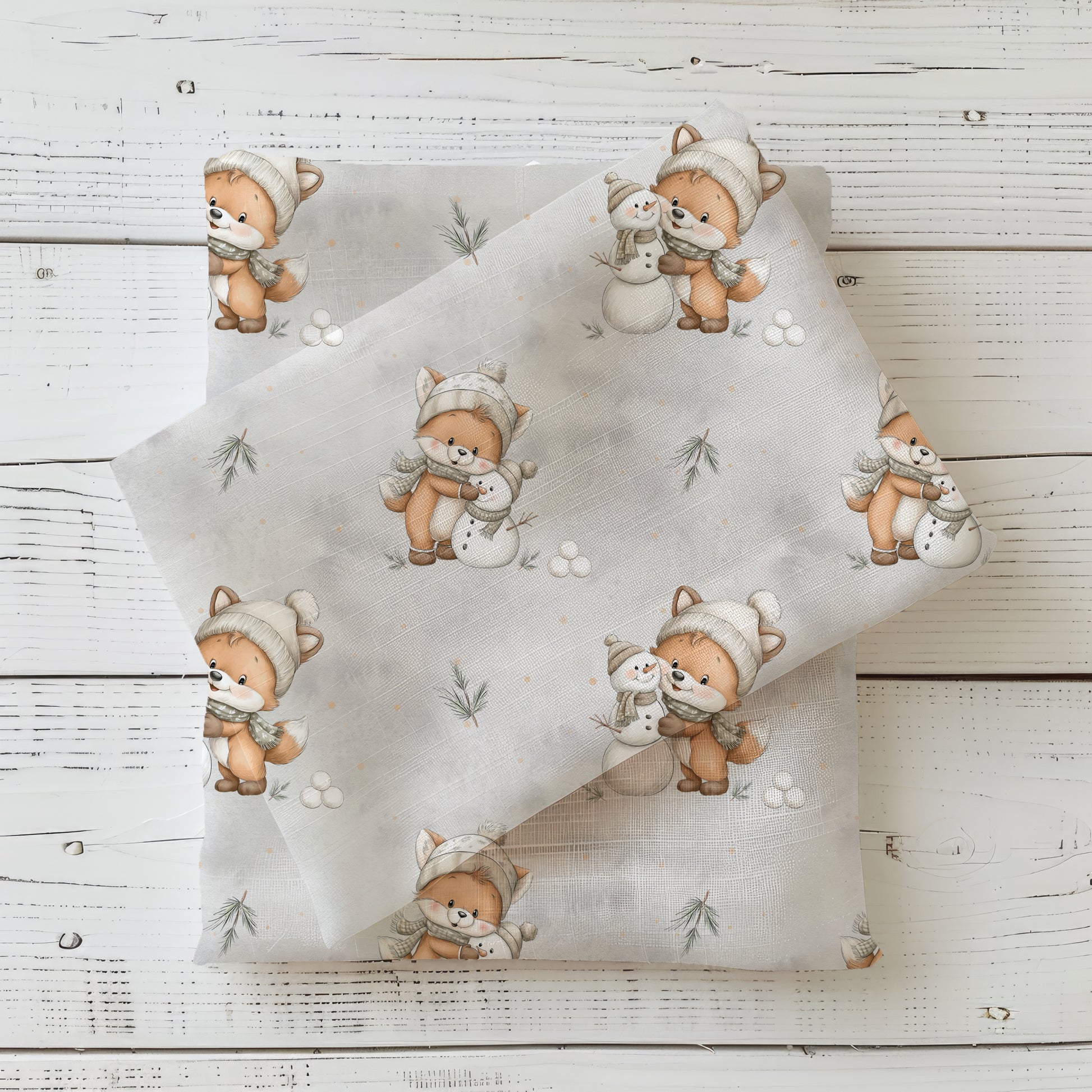 Fuchs Schneemann Kinderstoff French Terry – Weihnachten Motiv Meterware