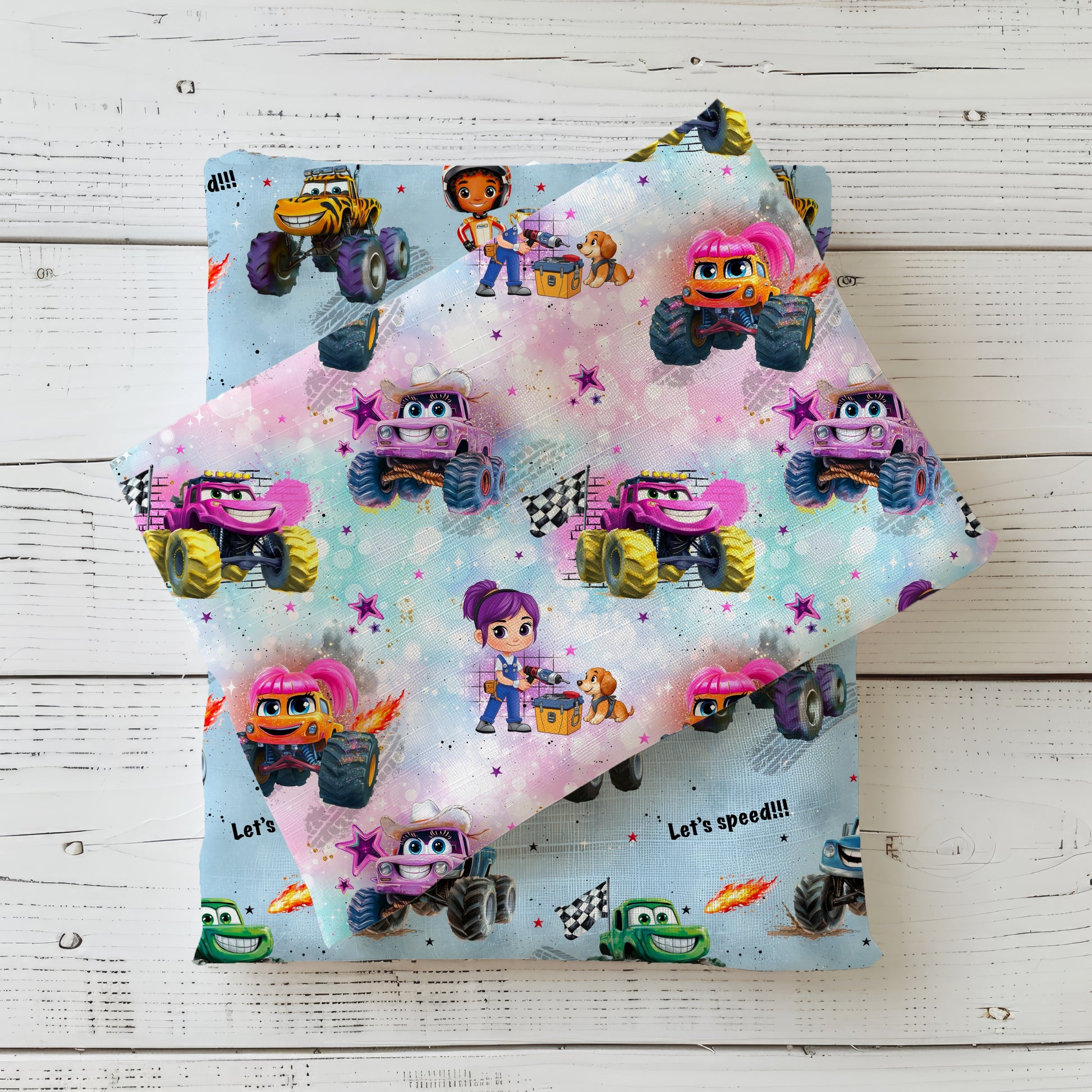 Monster Truck rosa Kinderstoff Jersey – Stoff Meterware Fahrzeug Motiv Mädchen