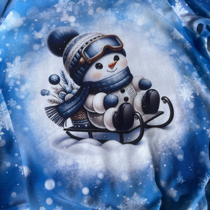 Kinderpullover „Schneemann" blau – handgenäht aus Baumwolle, Gr. 116