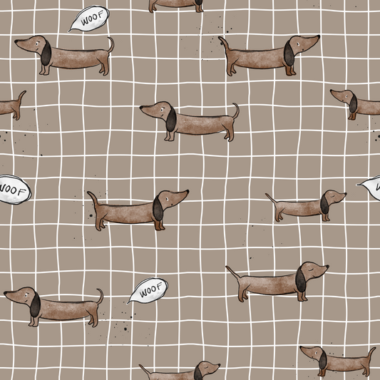 Dackel „Woof" Stoff Meterware – Kinderstoff | Katzengold Design