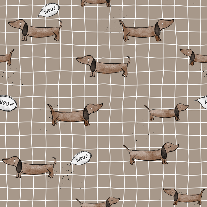 Dackel „Woof" Stoff Meterware – Kinderstoff | Katzengold Design