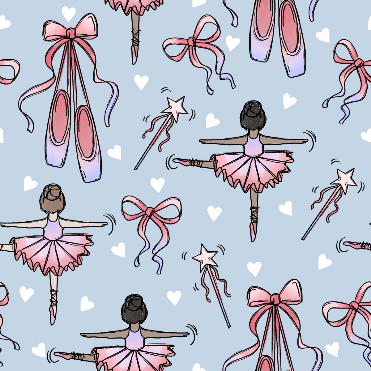 Ballerina Stoff – Kinderstoff mit tanzenden Ballerinas im rosa Tutu, Spitzenschuhen, Schleifen und Herzen auf hellblauem Grund