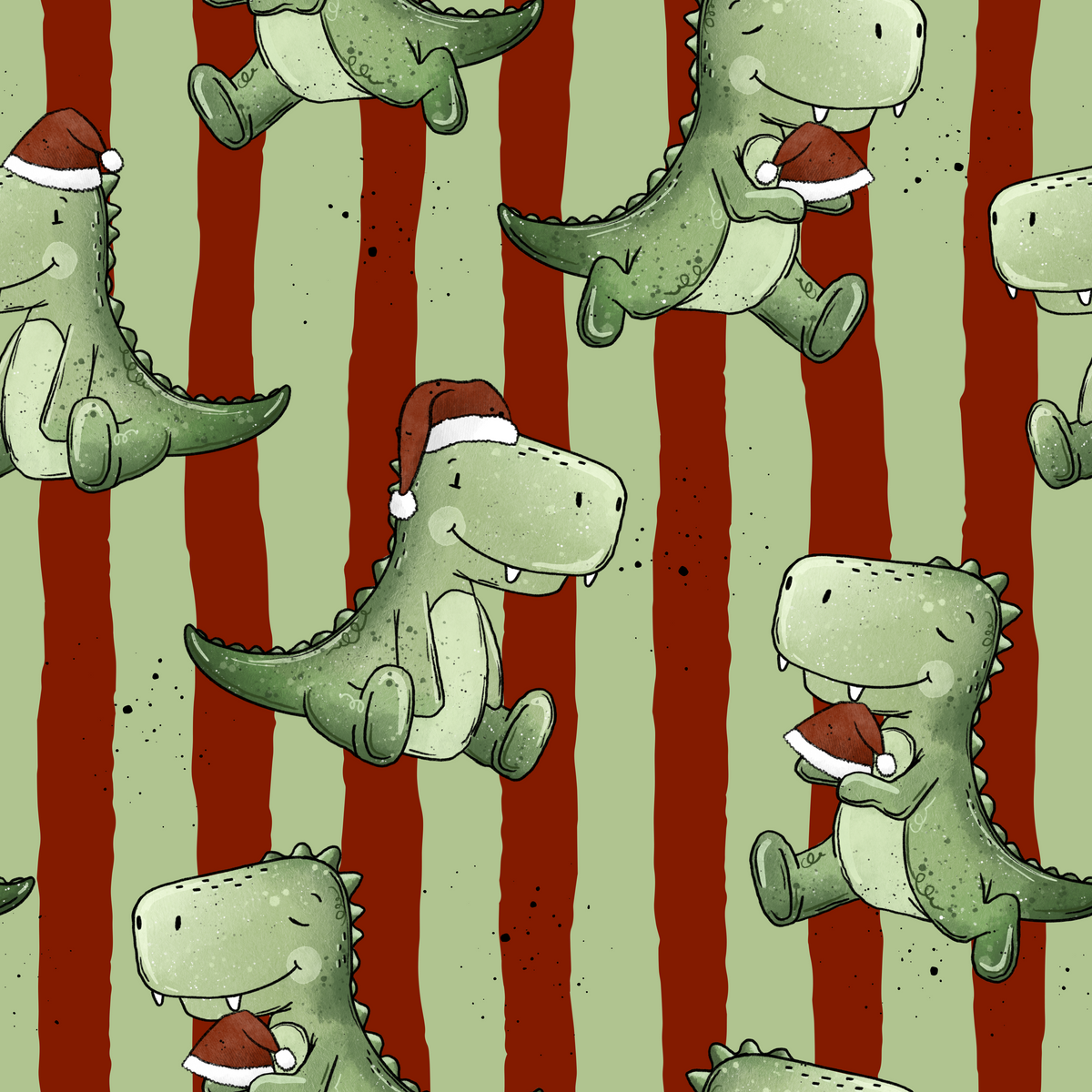 Dino Kinderstoff T-Rex Xmas – grüne T-Rex Dinos mit roten Nikolausmützen auf rot-salbeigrünen Streifen