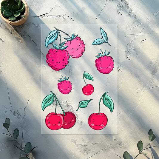 DTF Bügelbild Set A4 mit Kirschen und Himbeeren im Katzengold Design