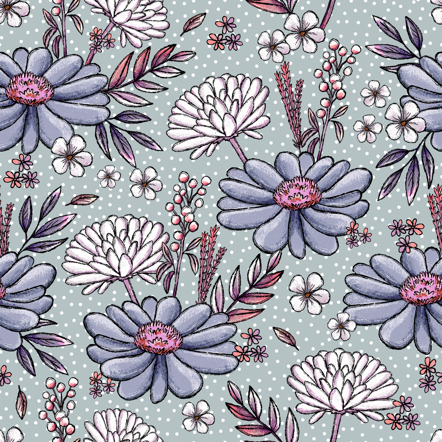 Stoff Wildblume Herbst Katzengold Design in Blau mit gezeichneten Wildblumen
