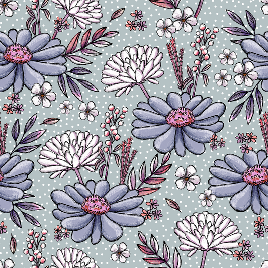 Stoff Wildblume Herbst Katzengold Design in Blau mit gezeichneten Wildblumen