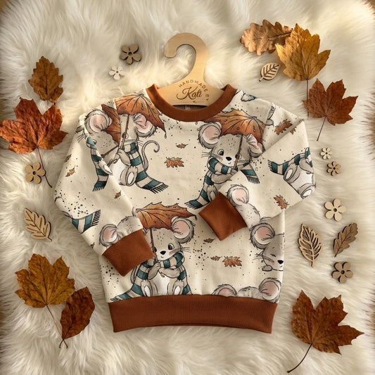 Mäuse Pullover für Kinder aus French Terry mit rostbraunen Bündchen