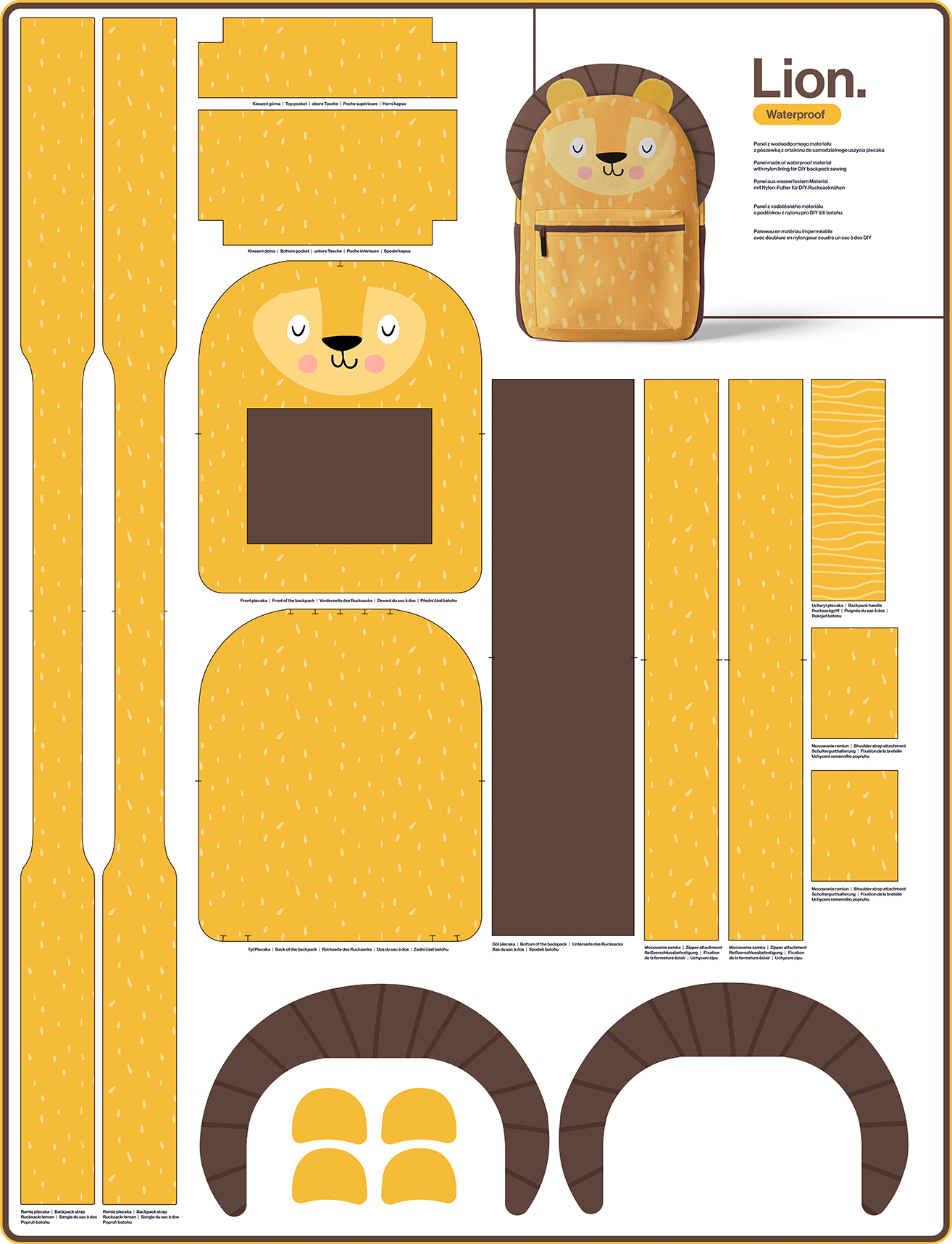 Rucksack Nähpanel für Kinder – Löwe Motiv Panel für DIY Kinderrucksack