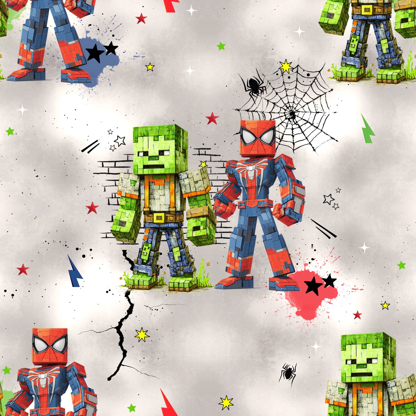 Pixel Heroes Stoff – heller Stoff mit Pixelhelden, Comic-Elementen & Blitzen – Jersey oder French Terry Meterware für Kinderkleidung
