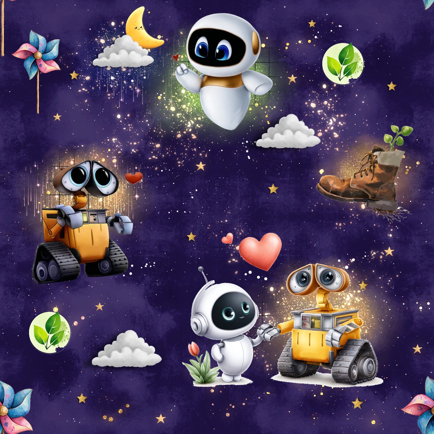 Love in Space | Roboter Stoff Meterware | Kinderstoff blau
