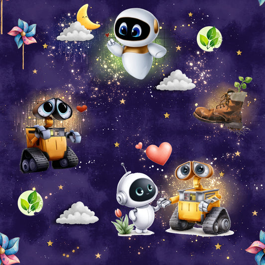 Love in Space | Roboter Stoff Meterware | Kinderstoff blau