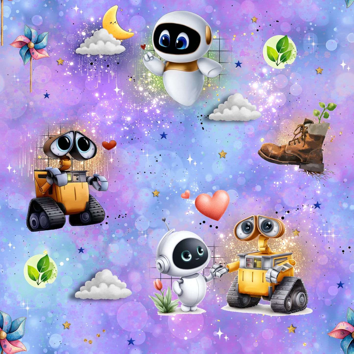 Love in Space Lila | Roboter Stoff Meterware | Kinderstoff