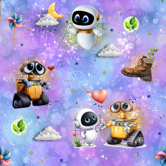 Love in Space Lila | Roboter Stoff Meterware | Kinderstoff
