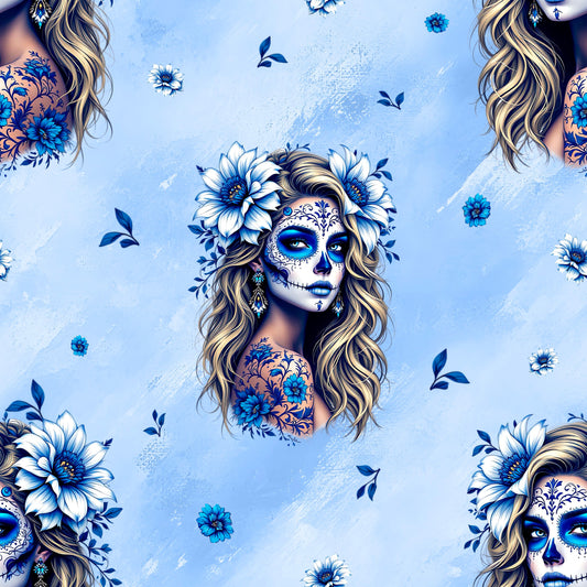 La Catrina Stoffdesign in Blau – florales Muster auf Bio Jersey oder French Terry