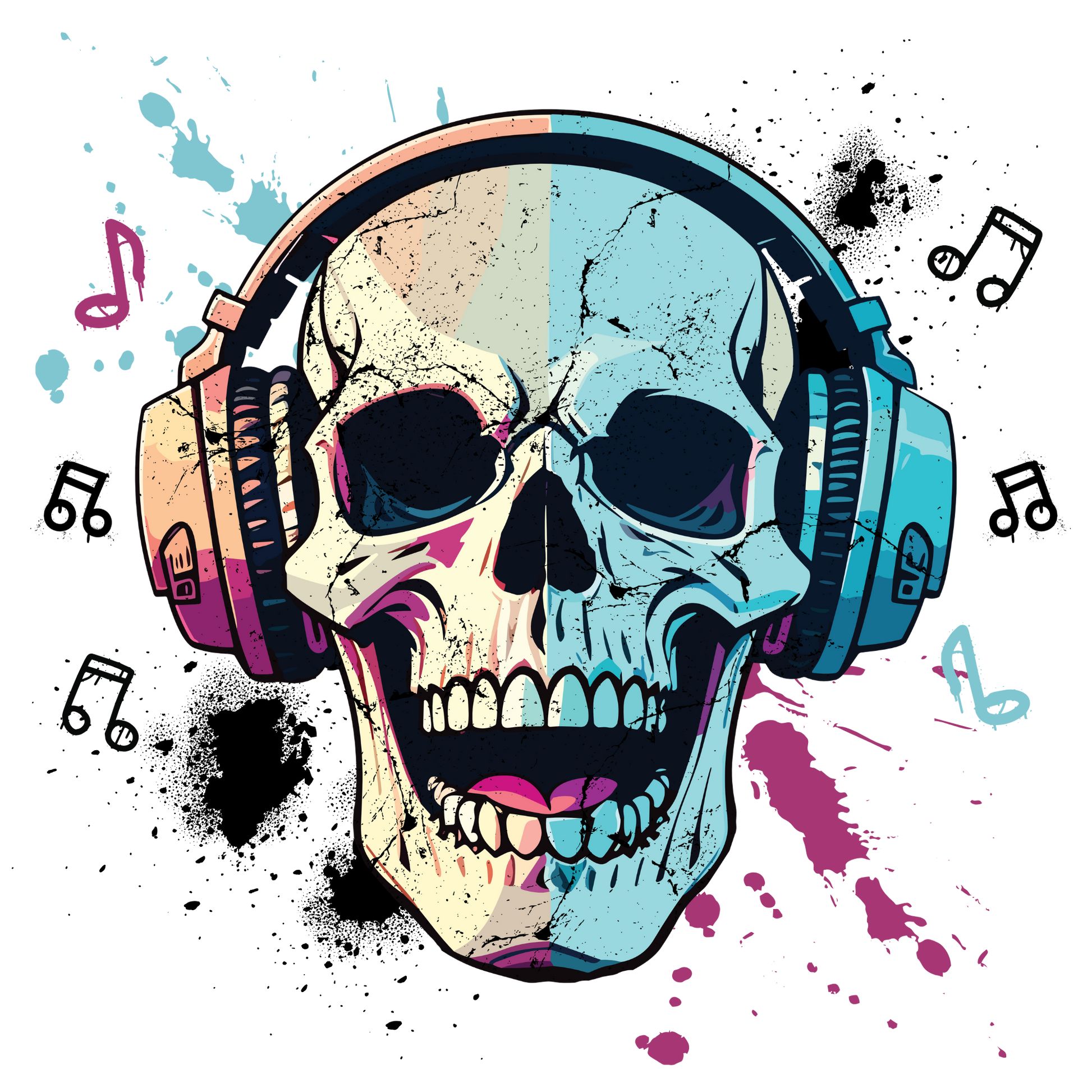 Skull mit Kopfhörer Bügelbild DTF Transfer – Glitzer Applikation Textilien