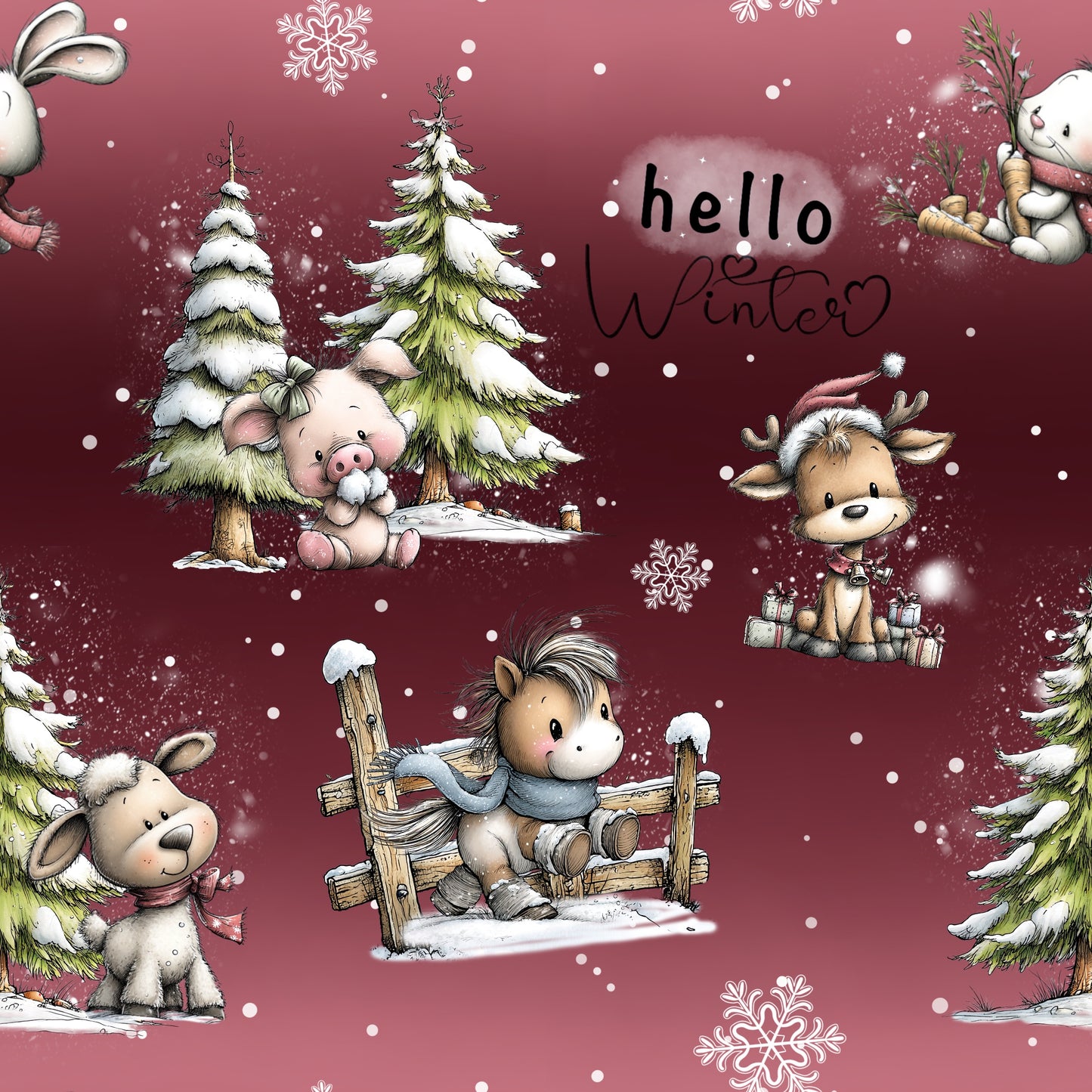 Winterfreunde Rot | Winter Stoff Meterware | Weihnachtskinderstoff