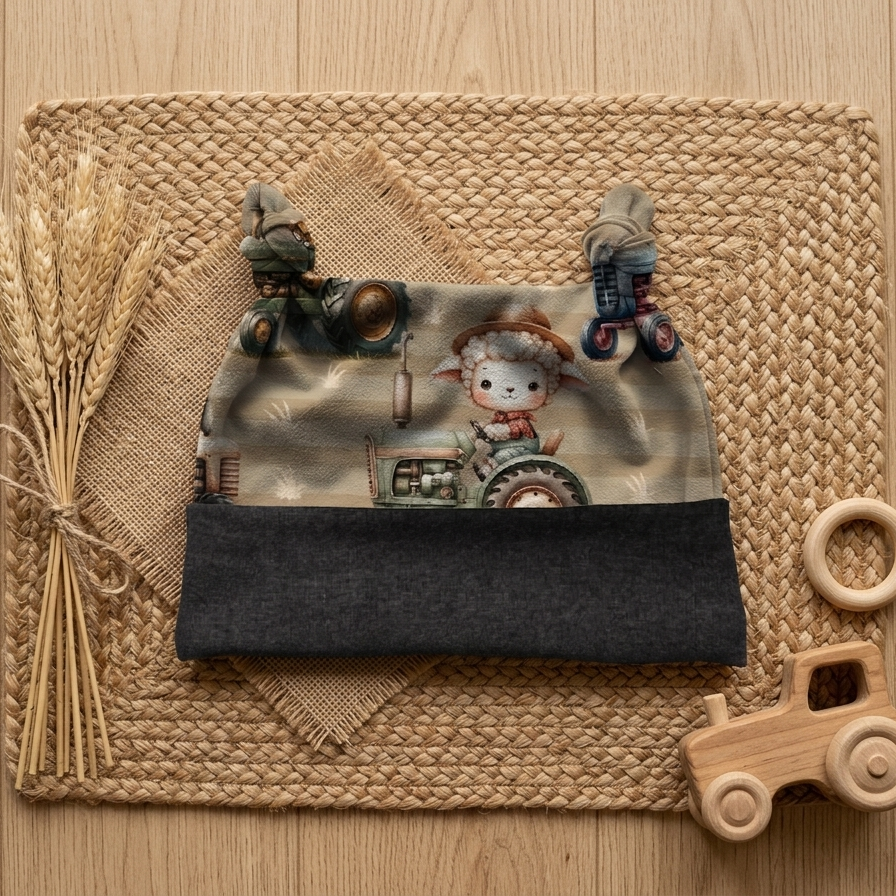 Handgenähte Baby Knotenmütze mit Bauernhof-Traktor-Motiv, dekoriert mit Weizen und Holzspielzeug