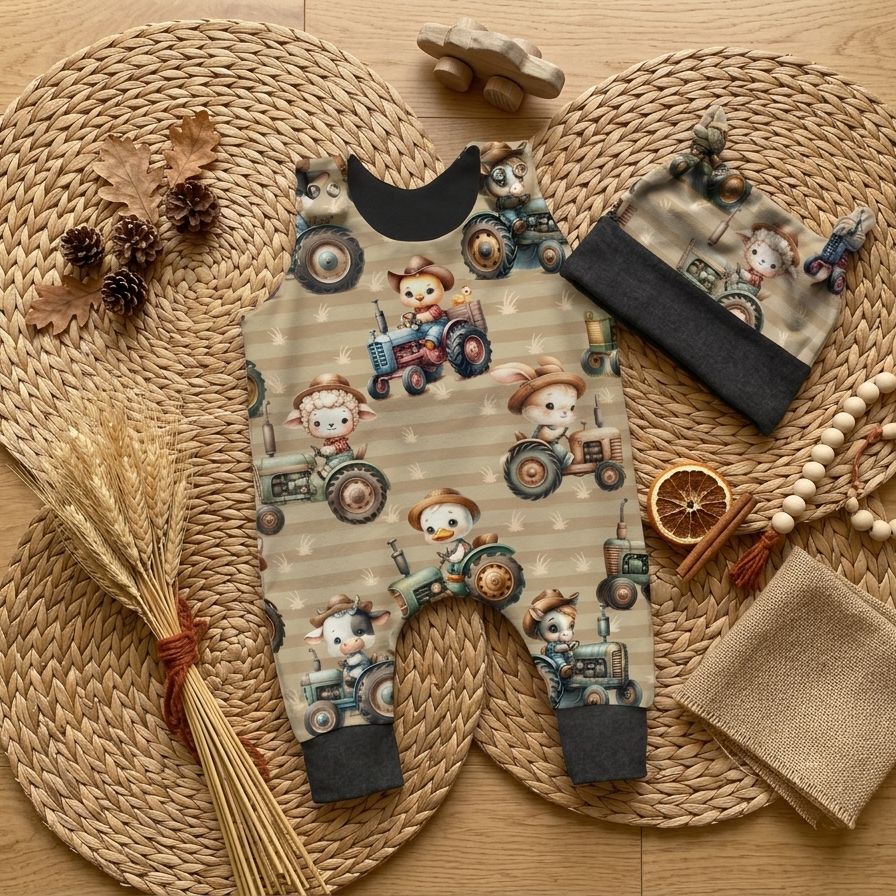 Baby Strampler und Knotenmütze Set mit Bauernhof-Motiv, herbstliche Deko mit Weizen, Zapfen und Perlen