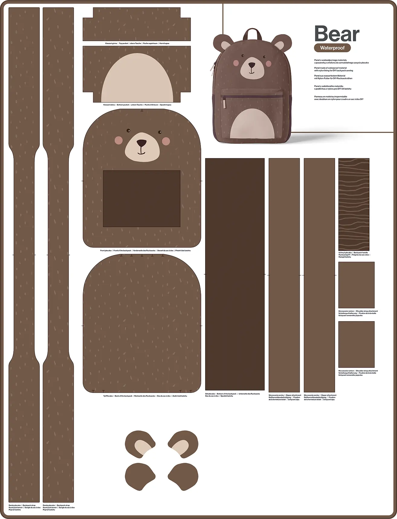Rucksack Nähpanel für Kinder – Bär Motiv Panel für DIY Kinderrucksack