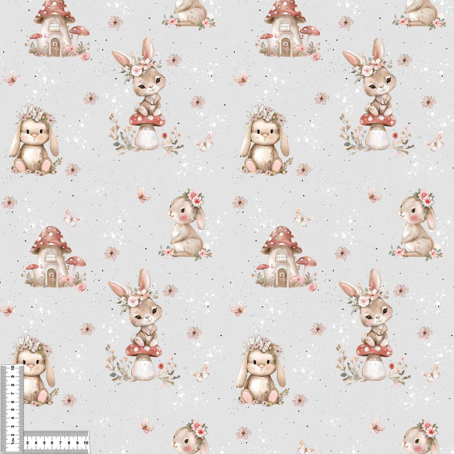 Hase auf Pilzhaus French Terry Meterware – Kinderstoff Tiermotiv Nähprojekt