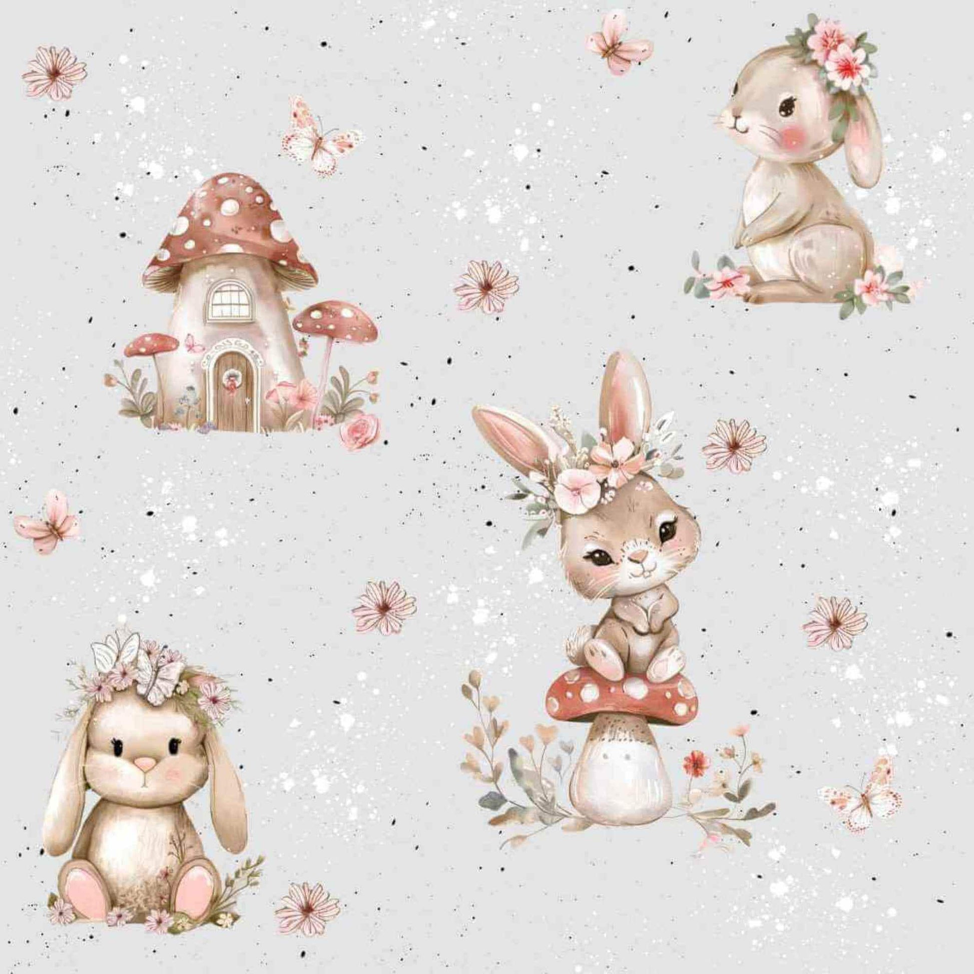 Hase auf Pilzhaus Kinderstoff Meterware – Märchen Hasen Jersey French Terry Handmade by Kati