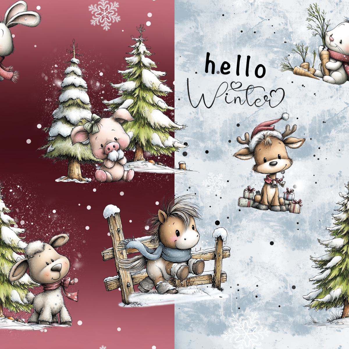 Winterfreunde Blau oder Rot | Weihnachtskinderstoff French Terry