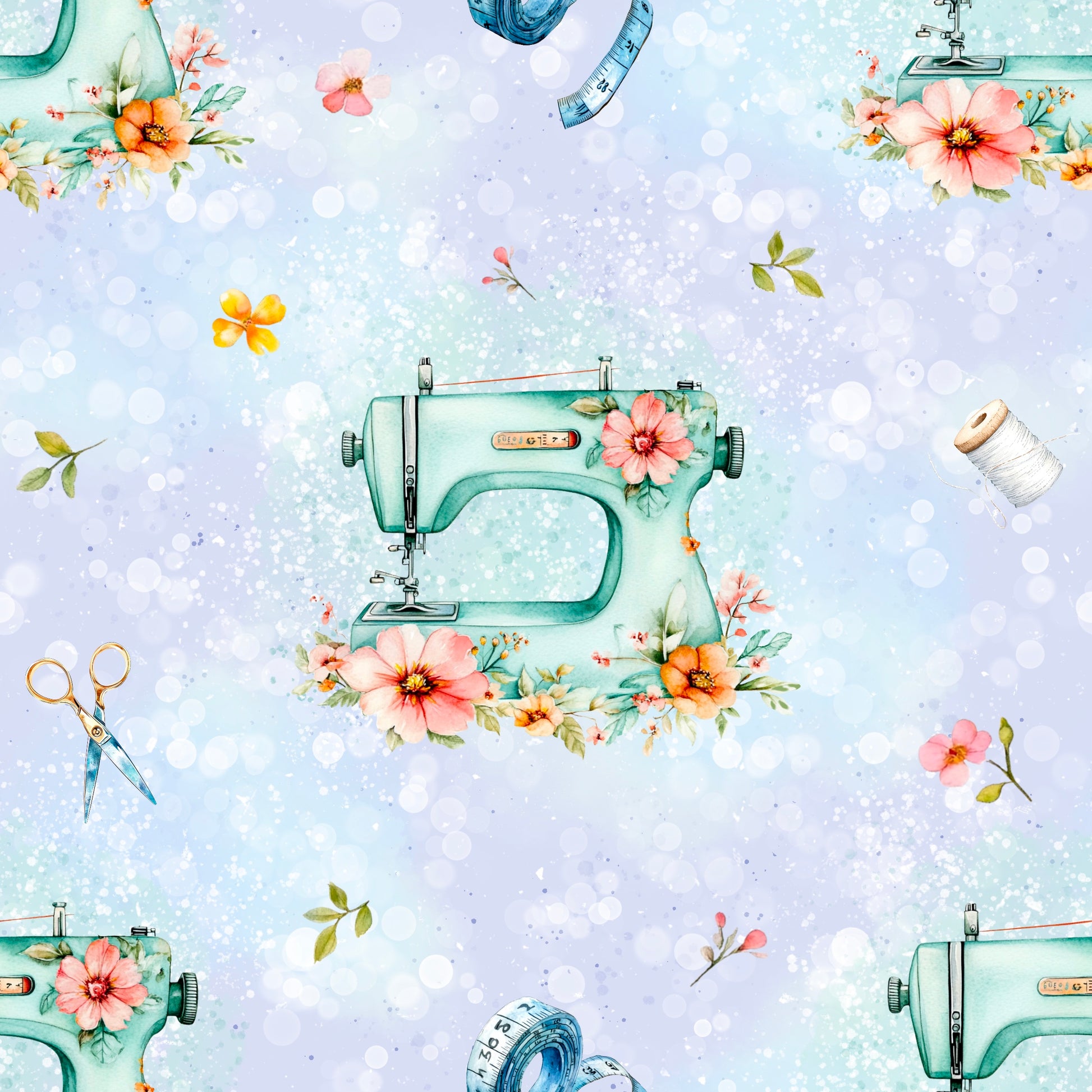 Jersey Stoff Meterware Nähzauber mit Vintage-Nähmaschinen, Aquarell-Blumen und Schere auf Lavendel – Stoffzauber by Kati