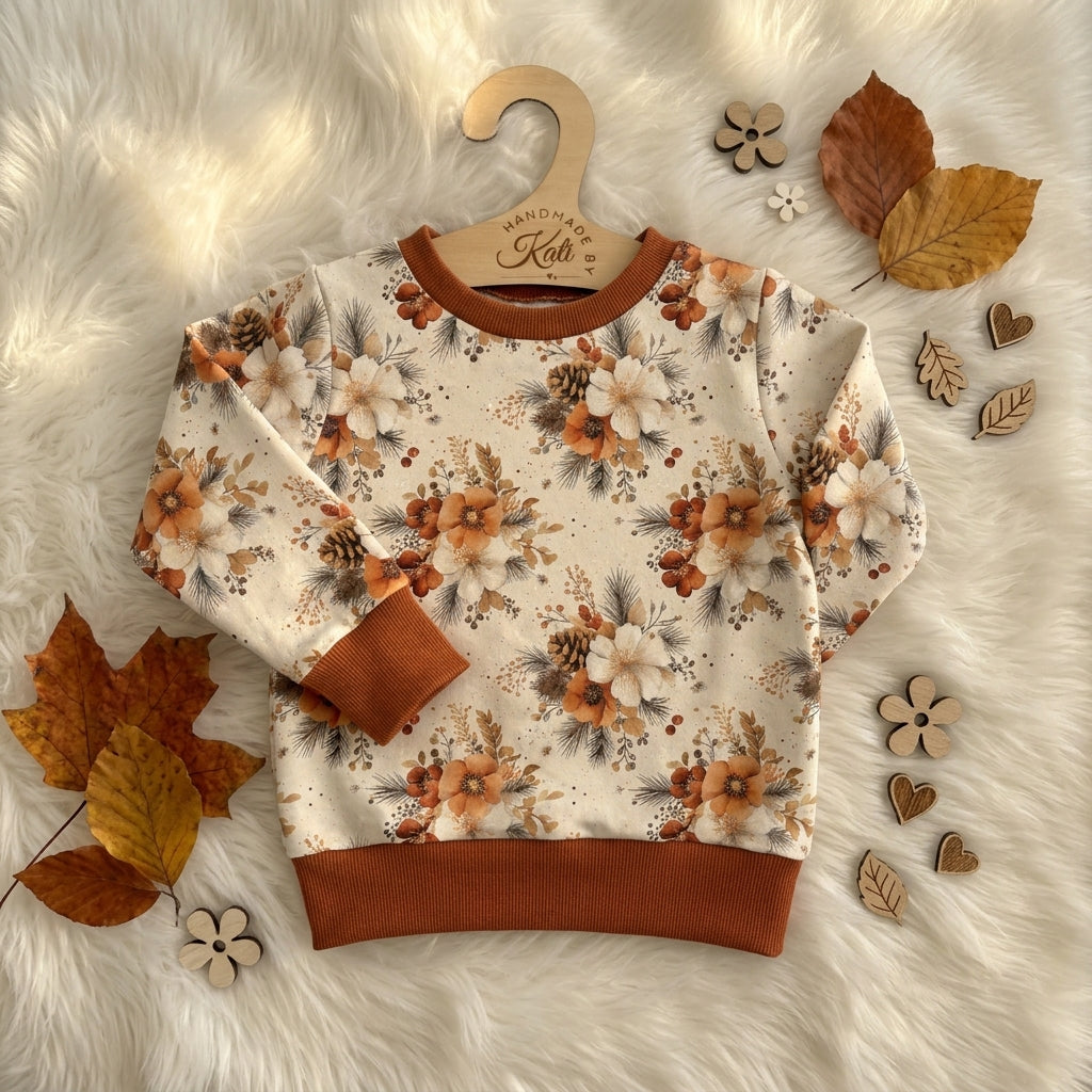 Kinderpullover „Herbstblütenzauber" – French Terry, handmade