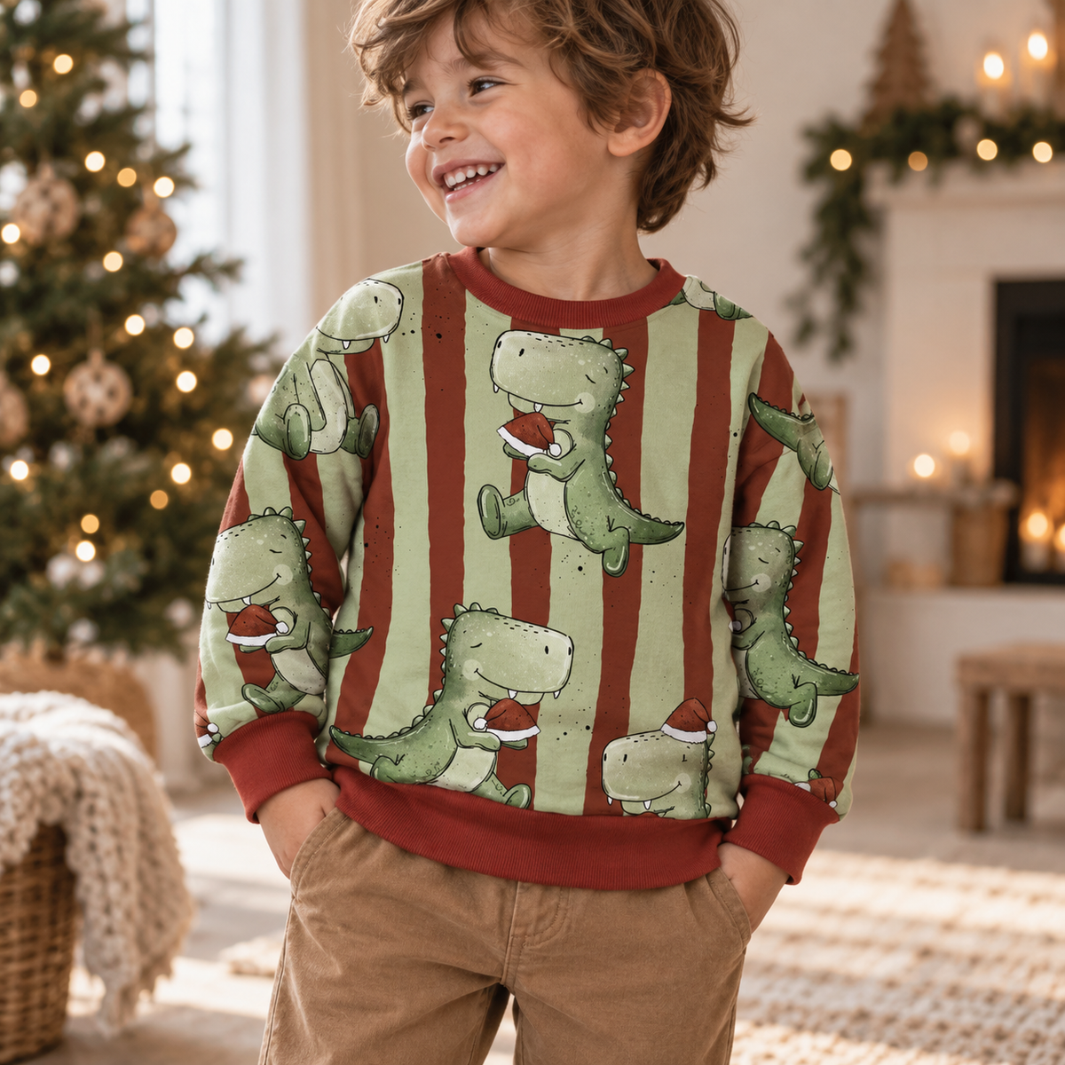 Kinderpullover Dino „T-Rex-Xmas" – Handmade aus Baumwolle